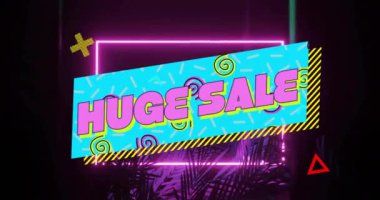 Neon çerçeve ve tropikal yapraklar üzerinde büyük indirimli metin animasyonu. İndirim, reklam, coşku