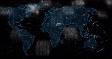 Dünya haritası üzerindeki bağlantı ağının animasyonu. İş, teknoloji ve dijital arayüz kavramı, dijital olarak oluşturulmuş video.