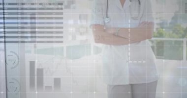 Steteskop, animasyon tıbbi veri tabloları ve grafikleriyle gülümseyen bir sağlık uzmanı. teknoloji