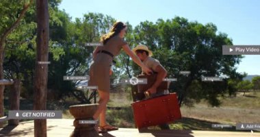 Dışarıda birbirini selamlayan çiftler hakkında sosyal medya bilgilendirmeleri. Teknoloji, iletişim, dijital, etkileşim, yaşam tarzı