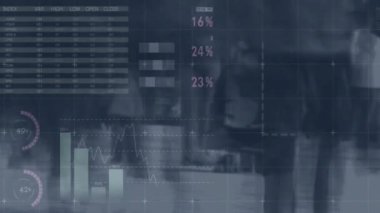 İş grafikleri ve istatistikleri üzerinden finansal veri tabloları ve dünya haritası animasyonu. Finans, analiz, küresel, ekonomi, teknoloji, yatırım