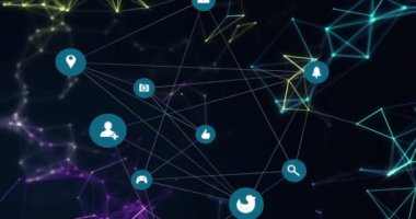 Şekiller üzerindeki simgelerle bağlantı ağının animasyonu. İş, teknoloji ve dijital arayüz kavramı, dijital olarak oluşturulmuş video.