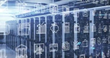 Bilgisayar sunucuları üzerinde dijital simgelerin ve veri işlemlerinin animasyonu. Küresel bağlantılar, hesaplama ve veri işleme kavramı, dijital olarak oluşturulmuş video.