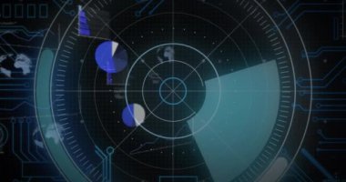 Radar ekranında dönen elementler ve veri işleme, animasyon yaratır. teknoloji, fütüristik, dijital, görselleştirme kavramı