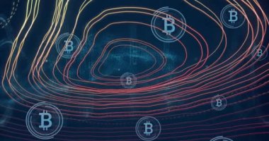 Bitcoin sembolleri canlandırılıyor ve dünya haritası üzerinde hatlar çiziliyor. Kripto para birimi, küresel, finans, animasyon, engelleme zinciri, dijital