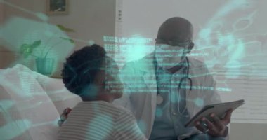 Doktor danışman hasta, hastane sahnesinde tıbbi veri işleme animasyonu. Sağlık, danışma, teknoloji, dijital