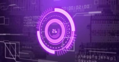 Fütürist dijital arayüzde dönen elementler ve numaralar, veri işleme animasyonu. Teknoloji, yenilik