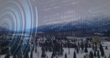 Dağlar ve ağaçlarla kaplı karlı arazide dijital arayüz elementleri animasyonu. teknoloji, kış, fütüristik
