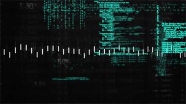 Siyah arkaplanda beyaz çubuklarla dijital kod ve veri işleme animasyonu. Teknoloji