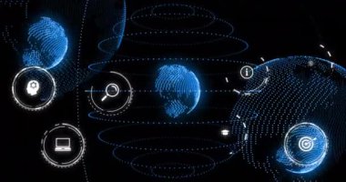 Dijital simgelerin ve veri işleme cihazlarının animasyonu. Küresel siber güvenlik, bağlantılar, hesaplama ve veri işleme kavramı, dijital olarak oluşturulmuş video.