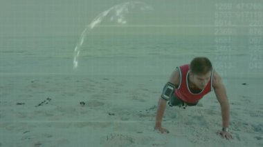 Kumsalda şınav çeken adamın dijital veri küresi animasyonu. Fitness, egzersiz, teknoloji, sağlık, egzersiz, fütüristik