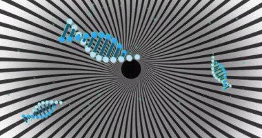 Beyaz şekillerin üzerindeki DNA iplikçiklerinin animasyonu. Teknoloji, bilim ve dijital arayüz kavramı, dijital olarak üretilen video.