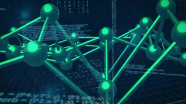 Arkaplanda ikili kod ve programlama metnini gösteren sinirsel ağ animasyonu. Yapay zeka, makine öğrenme, kodlama, algoritmalar, veri, dijital