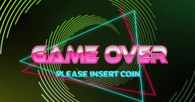 Neon desenli arkaplan üzerinden oyunun animasyonu. Küresel video oyunu, dijital arayüz, iletişim, bilgisayar ve veri işleme kavramı, dijital olarak oluşturulmuş.