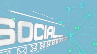 Mavi arkaplandaki dijital bağlantılar üzerinden ağ metin ve e- posta simgeleri canlandırması. Teknoloji, iletişim, veri, siber güvenlik, İnternet