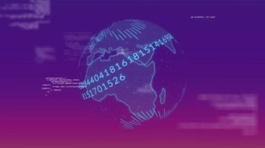 Mor gradyan arkaplan üzerinde numaralar ve kodlama animasyonlarıyla dönen dünya. Teknoloji, dijital, geleceksel, veri