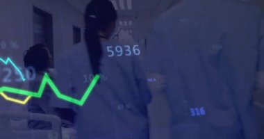 Hastane koridorundaki doktora danışma konusunda tıbbi veri analizi animasyonu. Sağlık, teknoloji, danışma