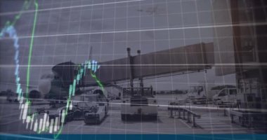 Havaalanı zemin ekipmanları ve biniş köprüsü üzerinden borsa veri animasyonu. Finans, yatırım, borsa, havacılık, ulaşım, teknoloji kavramı