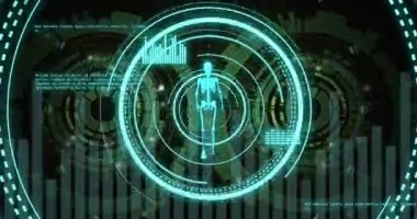 Veri işleme ve iskelet taramalarının animasyonu. Bilim, teknoloji ve dijital arayüz kavramı, dijital olarak üretilen video.
