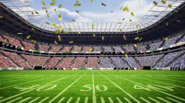 Spor stadyumunun üzerine düşen konfeti animasyonu. Spor, kutlama ve dijital arayüz kavramı, dijital olarak oluşturulmuş video.