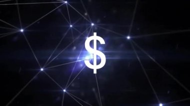 Ağ bağlantıları ve parlayan düğümlerle dolar işareti canlandırılıyor. Finans, kripto para birimi, teknoloji, yatırım, blok zinciri, fütüristik konsept
