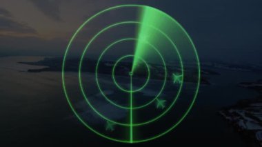 Sahil manzarası taranıyor, radar animasyonu kıyı şeridinin havadan görüntüsü üzerinde. teknoloji, gözetim