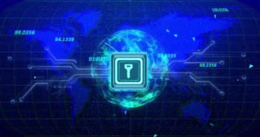 Tüm dünyada asma kilit ikonu ve veri işleme animasyonu. Küresel siber güvenlik, bağlantılar, hesaplama ve veri işleme kavramı, dijital olarak oluşturulmuş video.