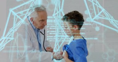 Kafkas erkek doktorunun genç hastasını muayene ettiği ağ bağlantılarının animasyonu. Tıp ve dijital arayüz kavramı, dijital olarak oluşturulmuş video.