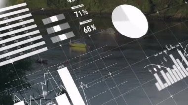 Finansal veri tabloları ve grafikleri yeşillik ile nehir üzerinde animasyon.