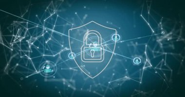 Simgelerle bağlantı ağının üzerindeki asma kilit ve kalkanın animasyonu. Küresel siber güvenlik, bağlantılar, hesaplama ve veri işleme kavramı, dijital olarak oluşturulmuş video.