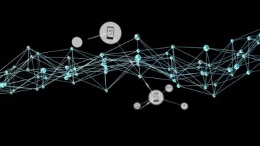 Simgelerle bağlantı ağı üzerinden şekillerin canlandırılması. İş, teknoloji ve dijital arayüz kavramı, dijital olarak oluşturulmuş video.