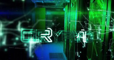 Bilgisayar sunucuları üzerinden şifreli metin ve dijital veri işleme animasyonu. Küresel bağlantılar, hesaplama ve veri işleme kavramı, dijital olarak oluşturulmuş video.