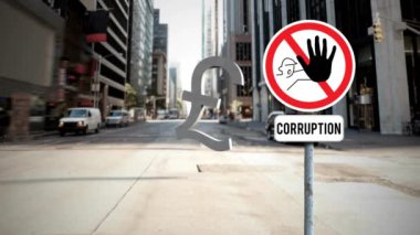 Şehir animasyonu ve bozuk pound sembolü. Uyarı işaretinin üzerinde yolsuzluk metni var. İş, teknoloji ve dijital arayüz kavramı, dijital olarak oluşturulmuş video.