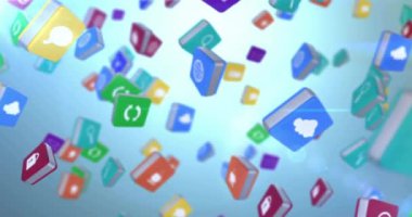 Işık yollarının üzerindeki medya simgelerinin animasyonu. İş, teknoloji ve dijital arayüz kavramı, dijital olarak oluşturulmuş video.