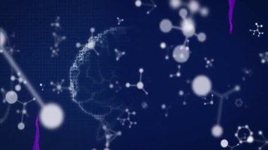 Siyah zemin üzerinde dijital beyin üzerindeki moleküllerin animasyonu. Küresel bilim, teknoloji, bilgisayar ve dijital arayüz kavramı, dijital olarak oluşturulmuş video.