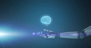 Beyin hologramı tutuluyor, robot el yapay zeka animasyonu gösteriyor. Gelecekçi, yenilikçi, teknoloji, robotik, dijital, bilim kurgu