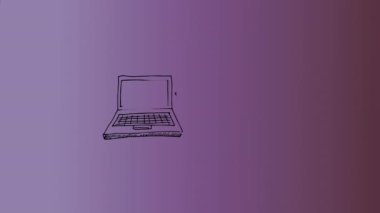 Mor gradyan arka planda ekranda canlandırma yapan kişinin el yapımı dizüstü bilgisayarlar. İllülasyon, teknoloji, dijital sanat, tasarım, yaratıcılık, iletişim konsepti