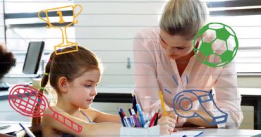 Öğretmen, sınıf sahnesi yerine spor aletleri animasyonuyla genç öğrenciye yardım ediyor. Eğitim, öğretmenlik, koçluk, okul, öğrenme, takım çalışması kavramı