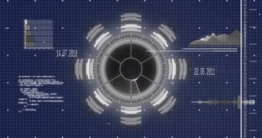 Mavi arkaplanda veri işleme ve diyagramlarının animasyonu. İş, teknoloji ve dijital arayüz kavramı, dijital olarak oluşturulmuş video.