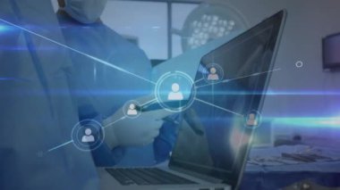 Ağ bağlantıları olan cerrahi giyimli tıp uzmanları animasyon örtüsü. Sağlık, teknoloji, dijital, yenilik, ameliyat, takım çalışması