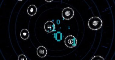 İkili kod ve dijital ikonlar koyu arkaplan üzerinde eşmerkezli daireler ile animasyon. Teknoloji, bilgisayar, veri, döngü, hareket, ağ