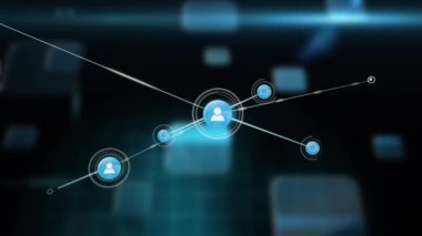 Birbirine bağlı simgeler ve veri düğümleri ağı, dijital iletişim animasyonu. Teknoloji, modern, bağlantı, siber güvenlik, yenilik, arayüz kavramı