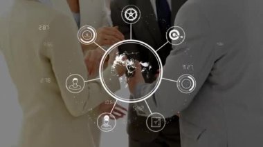 El sıkışmalar, iş ikonları ve ağ bağlantıları olan farklı iş adamları. İşbirliği, ortaklık, ağ oluşturma, takım çalışması, teknoloji, anlaşma