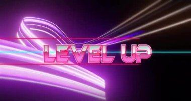 Neon desenli arkaplan üzerinde seviye yükseltilmiş metin canlandırması. Küresel video oyunu, dijital arayüz, iletişim, bilgisayar ve veri işleme kavramı, dijital olarak oluşturulmuş.