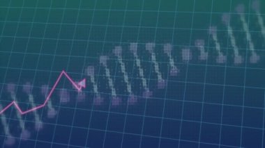 Mavi şebekedeki DNA ipliği üzerinde yükselen grafik çizgisi animasyonu. Biyoteknoloji, genetik, ilerleme, analiz, teknoloji, araştırma