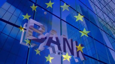 Banka metni ve Avrupa Birliği bayrak animasyonu yansımalı cam bina üzerinde. finans, bankacılık, kurumsal, mimari, modern, dijital konsept
