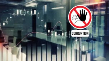Uyarı işareti ve yolsuzluk metniyle ilgili diyagramlar ve ofis animasyonları. İş, teknoloji ve dijital arayüz kavramı, dijital olarak oluşturulmuş video.