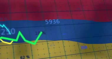 Ermenistan bayrağı üzerinde finansal veri işleme animasyonu. Küresel finansman, iş, bilgisayar ve dijital arayüz kavramı, dijital olarak oluşturulmuş video.