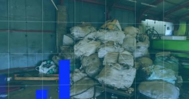 Bar çizelgesi ve şebeke animasyonu yığınla çantanın olduğu depoda. lojistik, envanter, veri, tedarik zinciri, depolama, organizasyon kavramı