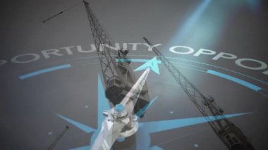 Tersanede pusula çevirme ve fırsat metni animasyonu. Küresel sevkiyat, finans, iş, bağlantılar, bilgisayar ve veri işleme kavramı, dijital olarak oluşturulmuş video.
